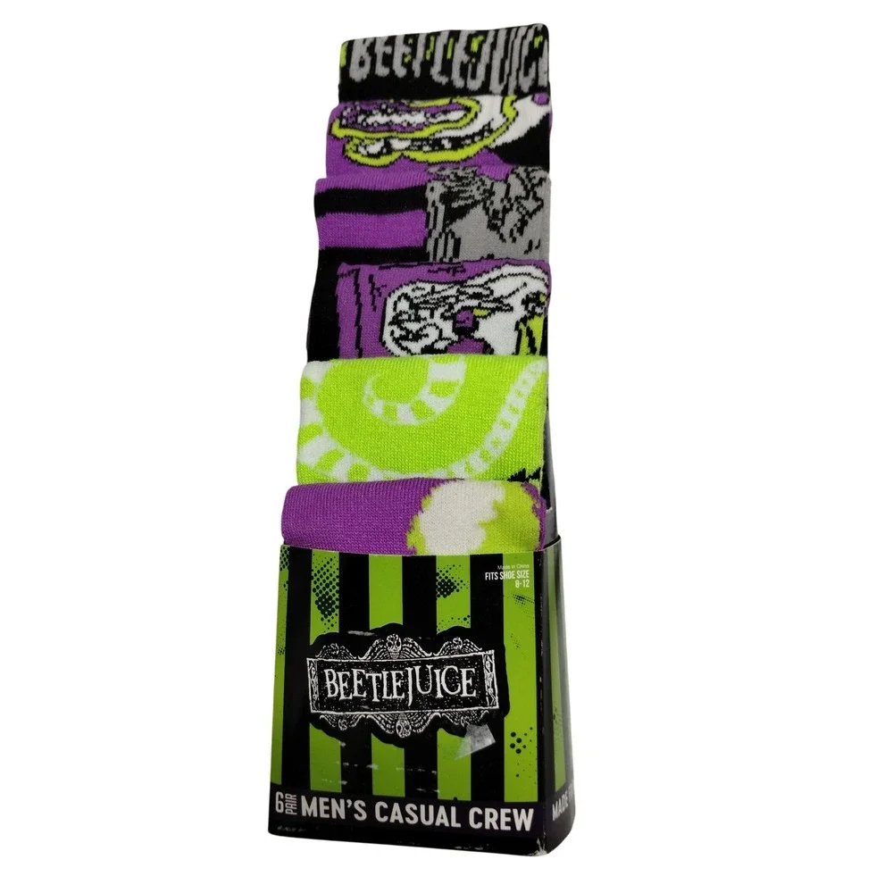 Beetlejuice Men's Crew Socks 6 Pack | Bioworld‎ Recycled Yarn Halloween Gift